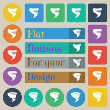 Tornado icon. Set of twenty colored flat, round, square and rectangular buttons. Stock Illustration