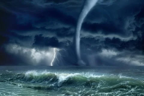Tornado, lightning, sea Stock Photos