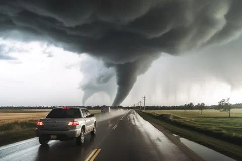 A tornado moves with great destructive force over agricultural land car on road Stock Photos