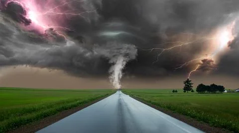 Tornado on a straight road. dramatic storm powerful tornado twisting through Stock Photos