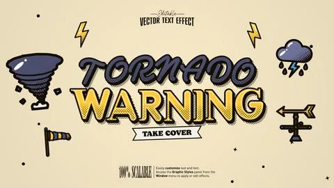 Tornado Warning halftone storm lettering in slate violet and yellow Illustrazione stock
