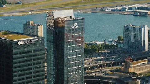 Toronro, Canada, July 2019: View of skyscrapers and the airport on the island Stock Footage 119271101