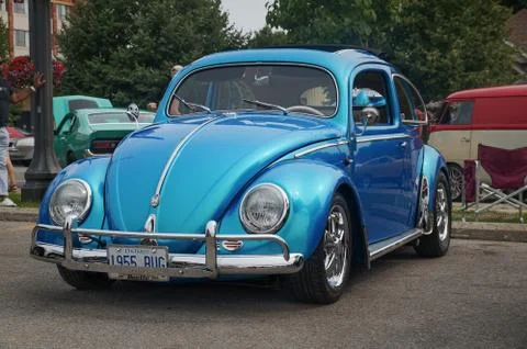 TORONTO, CANADA - 08 18 2018: Gorgeous blue 1955 Volkswagen Beetle oldtimer c Stock Photos