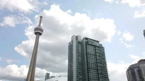 TORONTO, CANADA - AUGUST 2019: CN Tower Motion Timelapse Gimbal Driving Downt Stock Footage 147614432