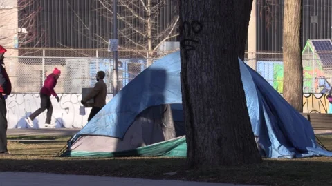 Toronto, Canada Jan 19 2026 Homeless encampment in city park Stock Footage 343786834