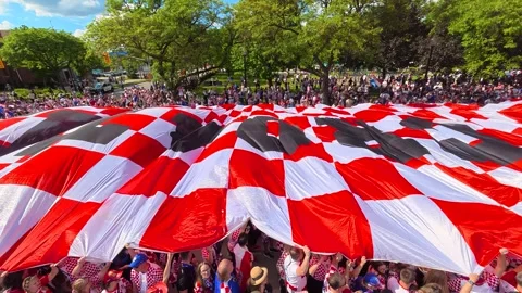 Toronto, Canada - June 23, 2026: Croatian Fans Parade Giant Checkerboard Flag Видео 343188939