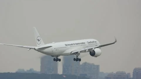 Toronto, Canada - May 12 '22 - Lufthansa A350 Clean Tech Future aircraft final Stock Footage 202050799