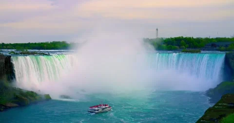 Toronto, Canada - May 6, 2023: Wide view of Horseshoe Falls crest with boat Stock Footage 312580170