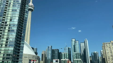 Toronto Canada moving shot modern buildings September 2020 tilt CN Tower Stock Footage 141822982