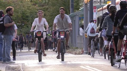 Toronto, Canada, Sept 21 2026  Bike lanes downtown un city Stock Footage 346632153