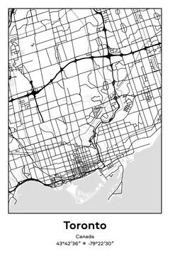 Toronto, Canada - vector map of city in Black, white, gray, BW colors Stock Illustration