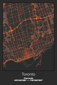 Toronto, Canada - vector map of city in Gray, Black, Orange colors Stock Illustration