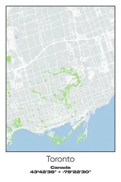 Toronto, Canada - vector map of city in Gray, white, green, blue colors Stock Illustration