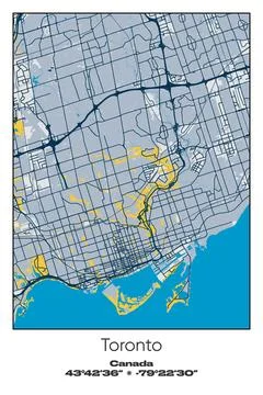 Toronto, Canada - vector map of city in Blue, Gray, Yellow, Olive colors Stock Illustration