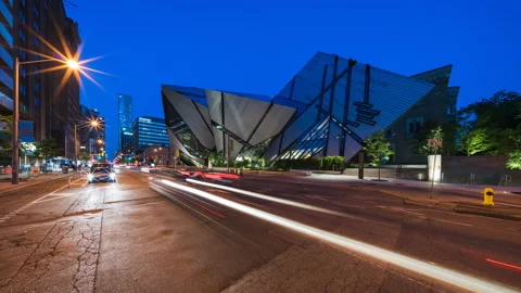 Toronto, Canada, Zoom In Timelapse of Night Traffic By the Royal Ontario Museum Stock Footage