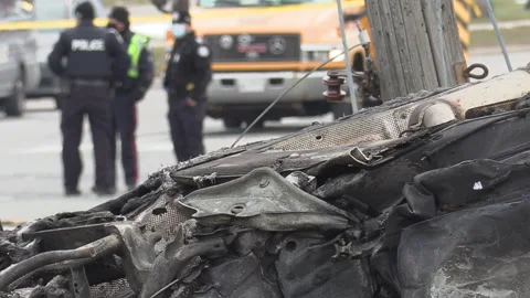 Toronto car accident in city intersection with police and fire on scene Video stock 146104296