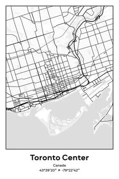 Toronto Center, Canada - vector map of city in Black, white, gray, BW colors Stock Illustration