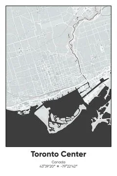 Toronto Center, Canada - vector map of city in Gray, Black, White, BW colors Stock Illustration