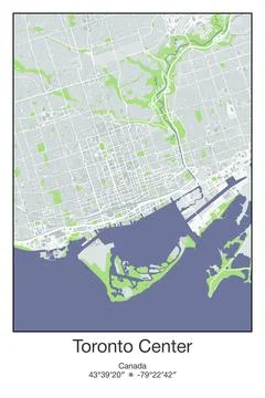 Toronto Center, Canada - vector map of city in Gray, Blue, Green, White colors Stock Illustration