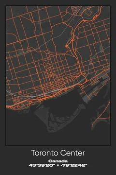 Toronto Center, Canada - vector map of city in Gray, Black, Orange colors Stock Illustration