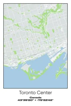 Toronto Center, Canada - vector map of city in Gray, white, green, blue colors Stock Illustration