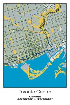 Toronto Center, Canada - vector map of city in Blue, Gray, Yellow, Olive colors Stock Illustration