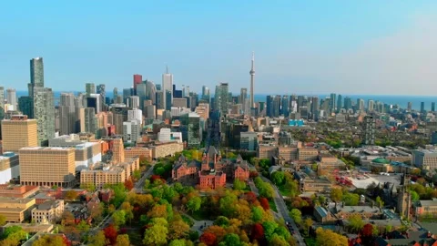 Toronto cityscape featuring iconic cn tower and university of toronto campus Stock Footage 307554664