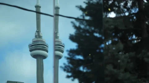 Toronto CN Tower Reflected on Mirrors Edge with Tree Vídeo Stock 149220824