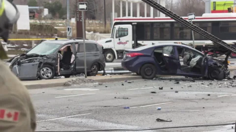 Toronto, On, Dec 16 2025 Spectacular car crash fire after police chase 스톡 동영상 344012431