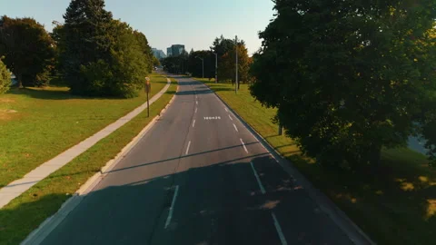 Toronto East Parkway Tree-Lined Boulevard Empty Road Golden Hour Aerial 4K Vidéo 335668149