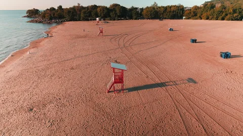 Toronto Lake Ontario Empty Beach Autumn Golden Hour Aerial Drone 4K Stock Footage 335664799