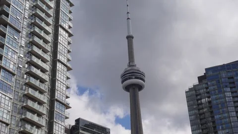 Toronto landmark CN tower during an overcast cloudy day Stock Footage 277231586