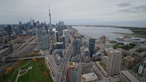 Toronto Ontario Aerial v14 Birdseye detail over CityPlace construction panning Stock Footage