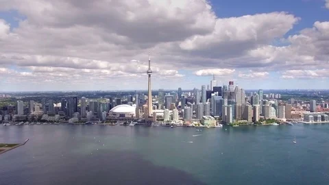Toronto Skyline and Lake Ontario Aerial View, Toronto, Ontario, Canada Stock Footage
