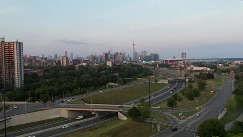 Toronto Skyline with CN Tower and Gardiner Expressway at Sunset Aerial View Stock Footage 340275093