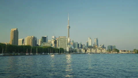 Toronto skyline with CN Tower, seen from Lake Ontario Stock Footage 217634305