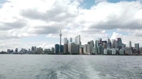 Toronto Skyline During Cloudy Summer Day From Taxi Boat Towards Toronto Islan Stock Footage 147614667