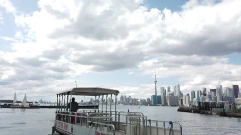 Toronto Skyline During Cloudy Summer Day From Taxi Boat Towards Toronto Islan Stock Footage 147614739