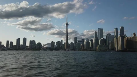Toronto Skyline During Cloudy Summer Evening Riding Water Taxi Boat Stock Footage 147614756