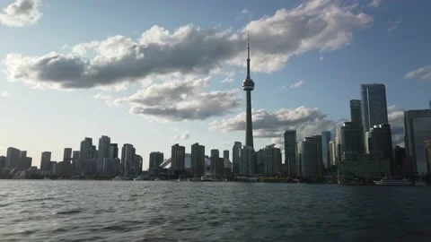 Toronto Skyline During Cloudy Summer Evening Riding Water Taxi Boat Stock Footage 147614793