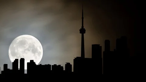 Toronto Skyline by Night with Full Moon and Clouds, Ontario, Canada Stock Footage 102377997
