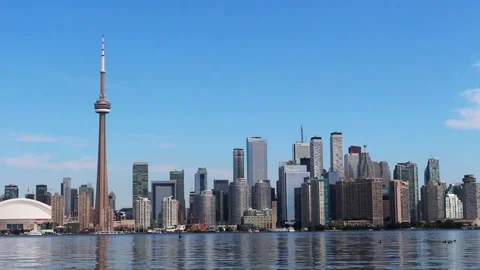 Toronto Skyline Plane Flies by the CN Tower Stock Footage 142174952