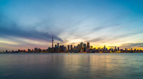 Toronto Skyline Sunset Time Lapse Day to Night 4K 1080P Logos Removed Stock Footage 62530045