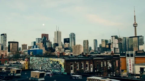 Toronto Skyline Sunset Timelapse at Kensington Market [4K] Stock Footage