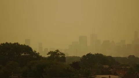 Toronto Skyline Under Heavy Wildfire Smoke Stock Footage 342734307