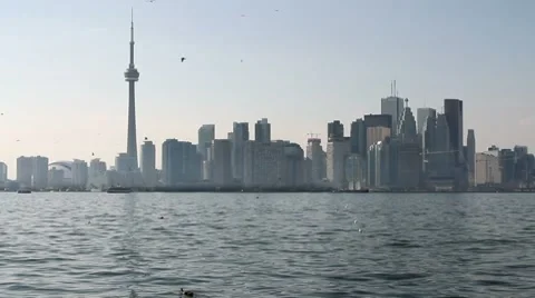 Toronto skyline view across lake Ontario in a hot summer day Stock Footage 8568685