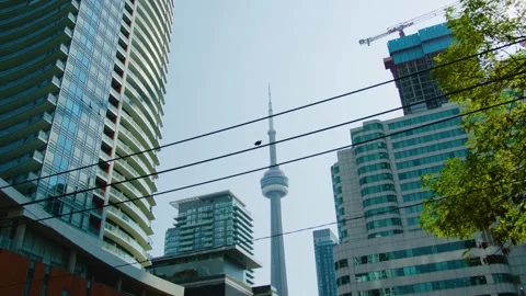 Toronto Tower Framed by Downtown Toronto Condominiums and Urban Infrastructure Stock Footage 328370736