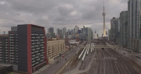 Toronto train track pull back 4K drone footage. Canada. Stock Footage 92164268