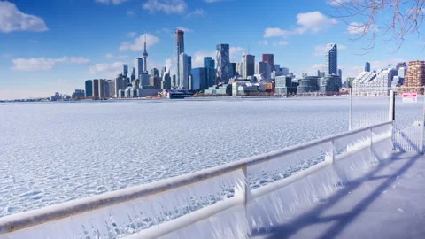 Toronto under a blue sky, a skyline of ice and snow Stock Footage 329201639
