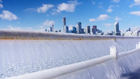 Toronto under a blue sky, a skyline of ice and snow Stock Footage 329201644
